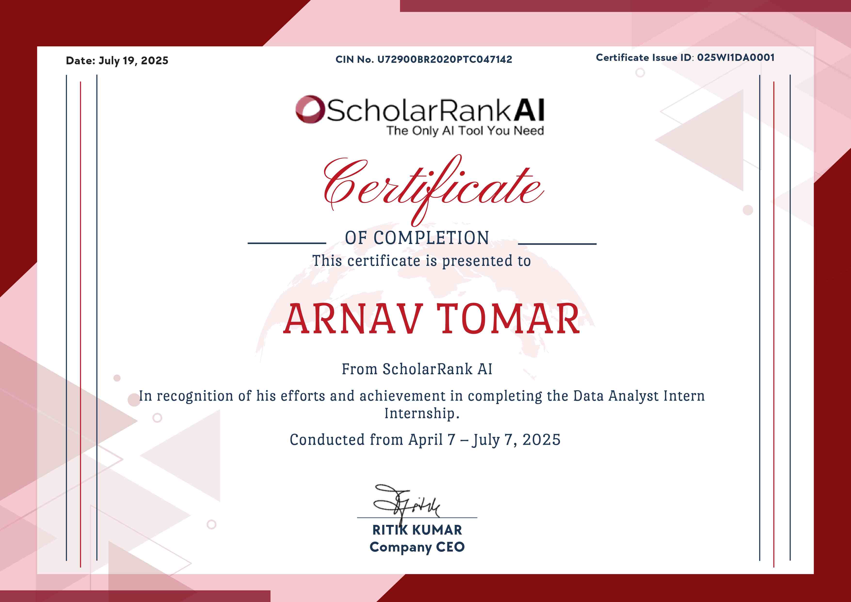 Ashna AI Internship Certificate